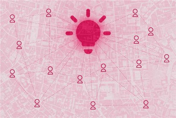 A network of user icons connected by dashed lines surrounds a large central lightbulb icon on a pink background.