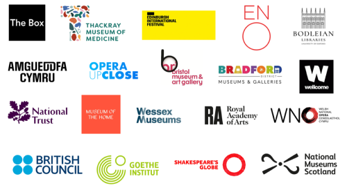 Logos of: The Box, Thackray Museum of Medicine, Edinburgh International Festival, ENO, Bodleian Libraries, Amgueddfa Cymru, Opera Up Close, Bristol Museum and Art Gallery, Bradford Museums & Galleries, Wellcome, National Trust, Museum of the Home, Wessex Museums, RA, WNO, British Council, Goethe Institut, Shakespeare's Globe, National Museums Scotland