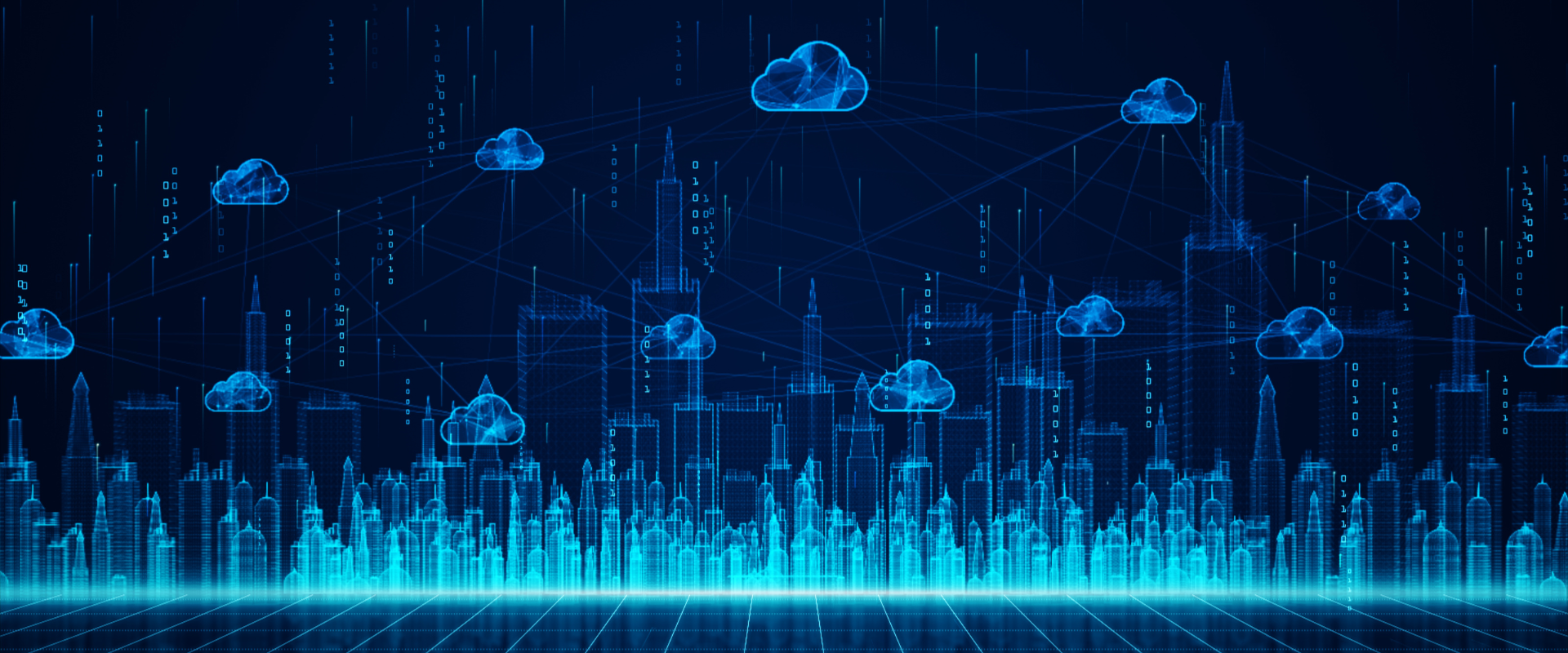 An image of blue data clouds connected above a city 