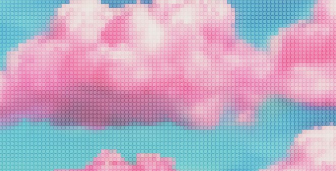 Pixeled image of pink clouds on a blue background. 