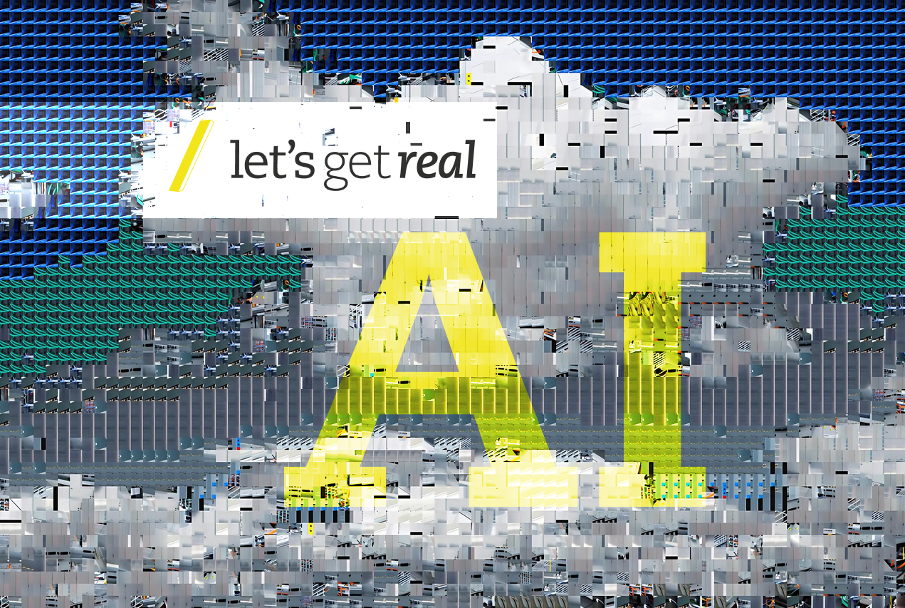 A mosaic-like image of clouds, made of server and data centre components, with the Let's Get Real logo and 'AI' superimposed on it.