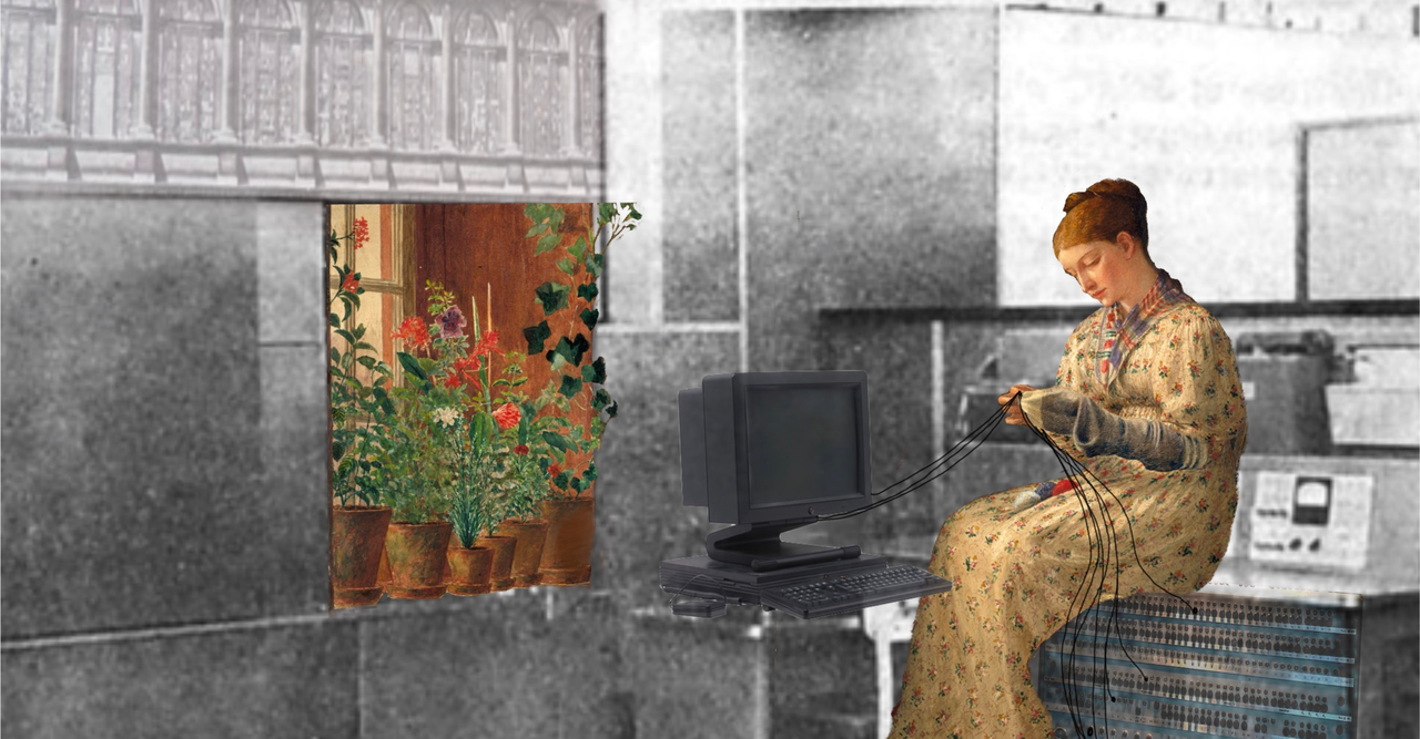 A woman sits atop a computer console from the 1950s in a vintage computer lab. One window possesses columns from Nevile’s Court at Trinity University at Cambridge University, and the other window depicts six potted flowers and sunlight. The background is black and white, and the image of the woman and the sunny window are warm tones. 