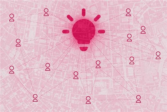 A network of user icons connected by dashed lines surrounds a large central lightbulb icon on a pink background.
