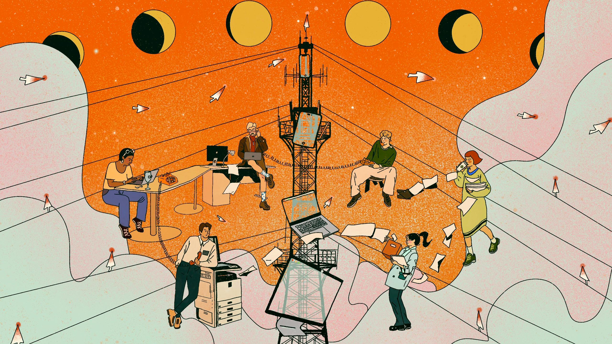 Illustration of people working on computers and devices around a central telecommunications tower, with papers, arrows, and moon phases in the background.