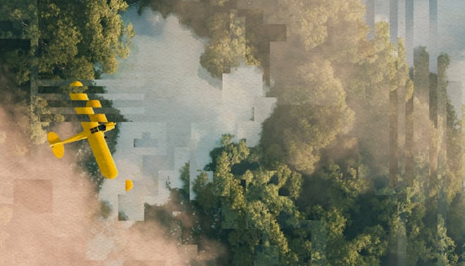 A birds eye view of a small yellow plane flying over a river or a lake broken up with some digital elements