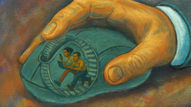 Two workers running inside a scroll wheel embedded in a computer mouse, controlled by a giant capitalist hand.