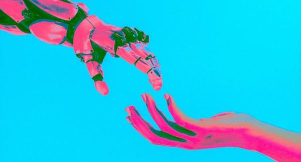 An illustrative image of robot hand trying to reach human hand in a blue canvas