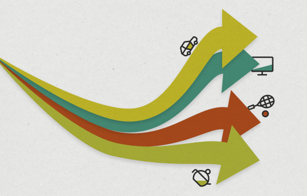 Illustration showing 4 coloured arrows, with symbols representing Audience Spectrum segments