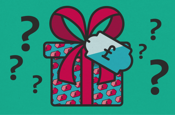 Image of Gift box and a price tag with pound signs on a green background with question marks