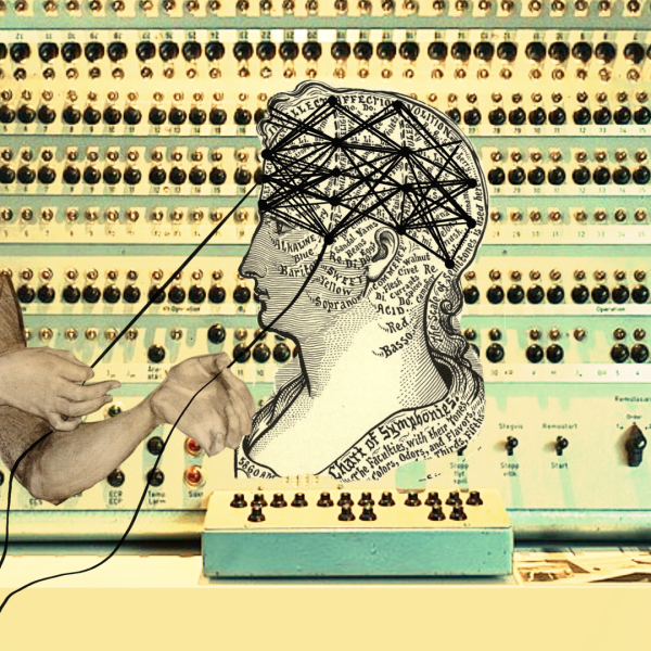 A collage featuring a vintage illustration of a woman’s head mapped with labeled sections resembling a phrenology chart and it appears to be two hands pulling threads from the diagram in front on what looks like panel of the Turing Machine.