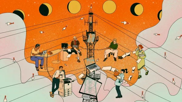Illustration of people working on computers and devices around a central telecommunications tower, with papers, arrows, and moon phases in the background.