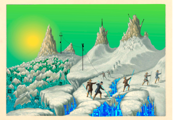 AI generated image of snowy landscape with explorers mining data