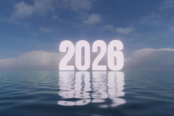 The numbers 2026 on a blue sky backdrop, reflected in blue water