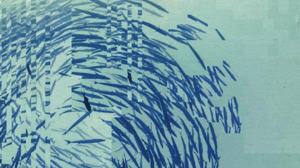 School of fish, distorted on a green blue background