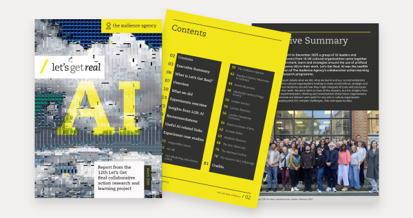 A combined image of three pages from the Let's Get Real: AI report - with yellow and black pages with text and front cover featuring the letters AI on a pixelated cloudy sky