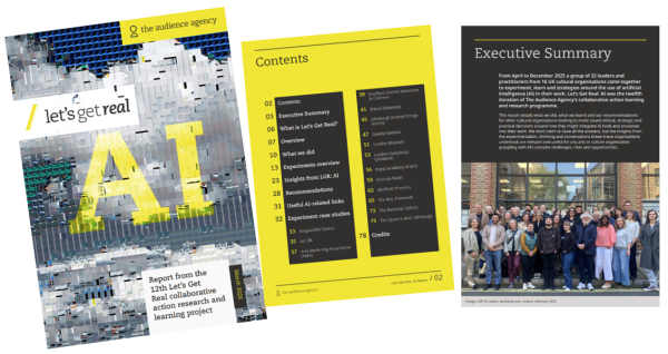 A combined image of three pages from the Let's Get Real: AI report - with yellow and black pages with text and front cover featuring the letters AI on a pixelated cloudy sky