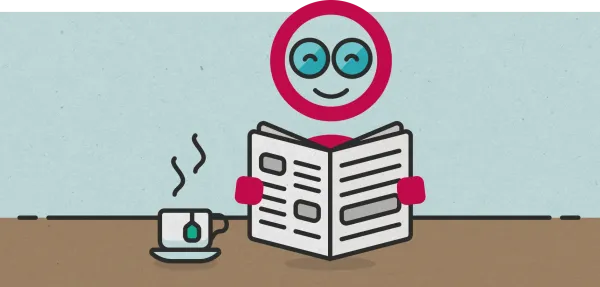 Graphic of The Audience Agency logomark "reading" a newspaper with a cup of tea to one side