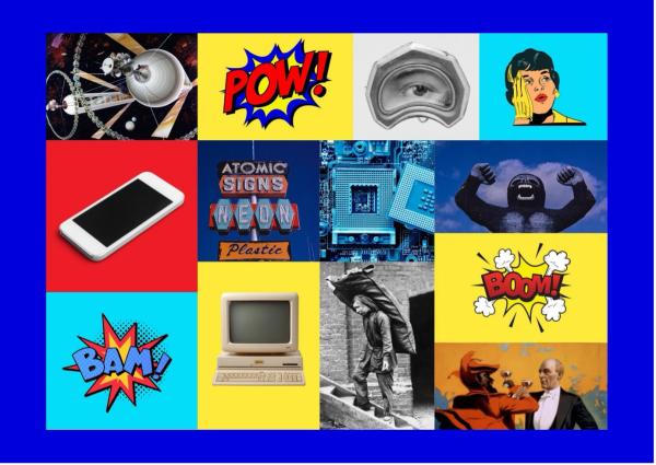 A pop art inspired AI collage - of images with bright colours and words