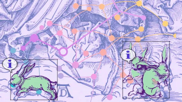 two green rabbits in the bottom right corner and one green rabbit in the bottom left with speech bubbles indicating information on a background of a purple hued sketch with a nueral network diagram overlaid 