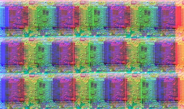 Repeating pattern pop art style of a multi coloured silicone chip
