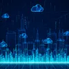 An image of blue data clouds connected above a city 