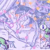 two green rabbits in the bottom right corner and one green rabbit in the bottom left with speech bubbles indicating information on a background of a purple hued sketch with a nueral network diagram overlaid 